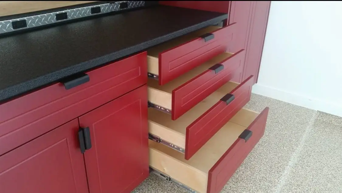 Red powder coated garage cabinets
